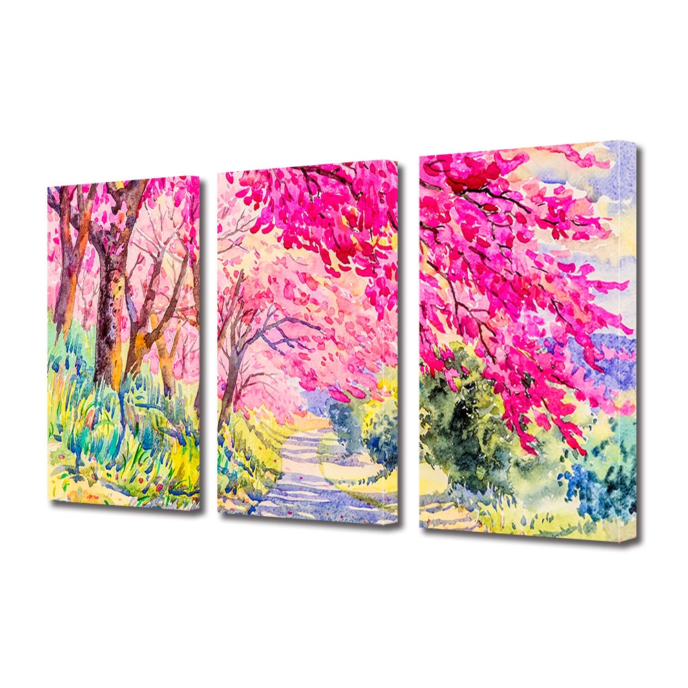 Set Tablouri Multicanvas 3 piese ArtDeco, Salbaticie roz, Panza pe cadru de lemn, Decoratiuni Moderne pentru Casa, 3 x 70 x 100 cm