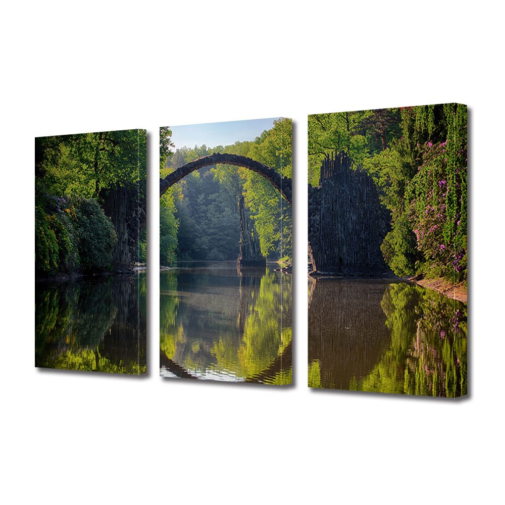 Set Tablouri Multicanvas 3 piese ArtDeco, Pod de piatra deasupra apei limpede, Panza pe cadru de lemn, Decoratiuni Moderne pentru Casa, 3 x 40 x 60 cm