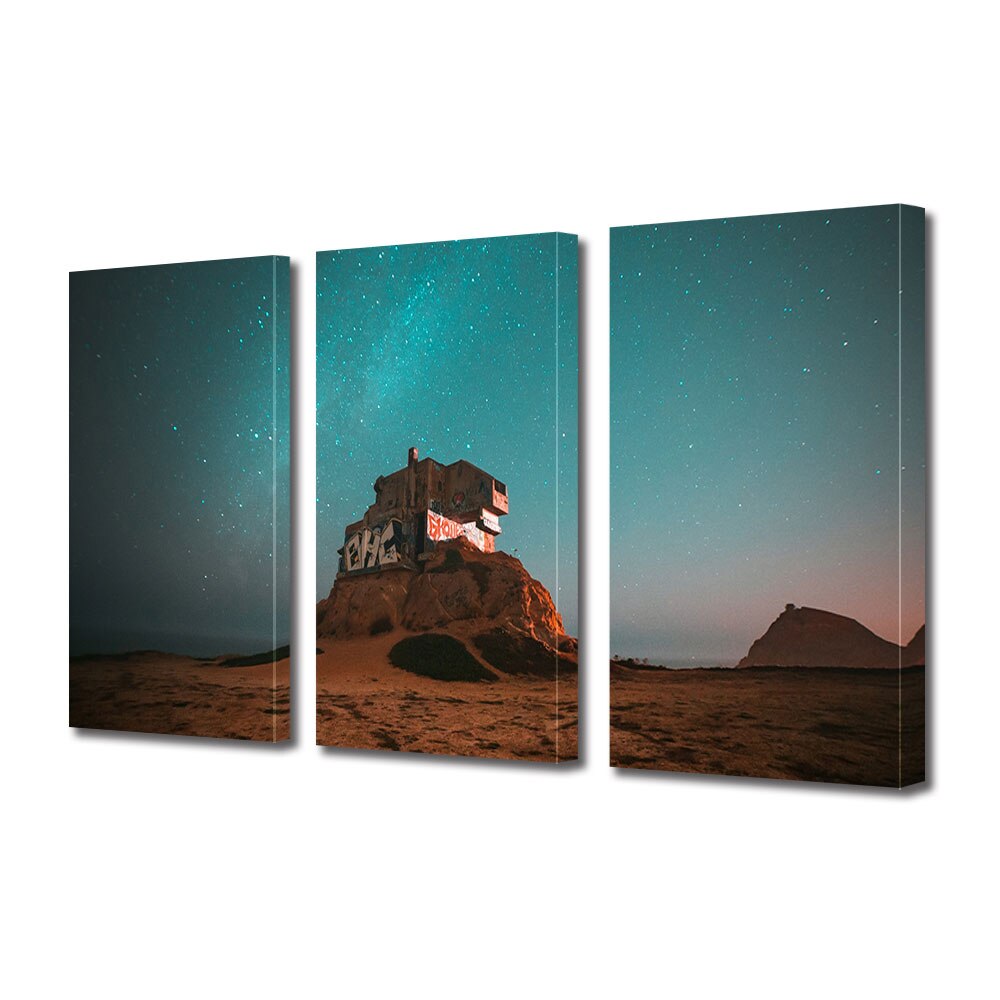 Set Tablouri Multicanvas 3 piese ArtDeco, Loc pustiu sub cerul plin de stele, Panza pe cadru de lemn, Decoratiuni Moderne pentru Casa, 3 x 70 x 100 cm