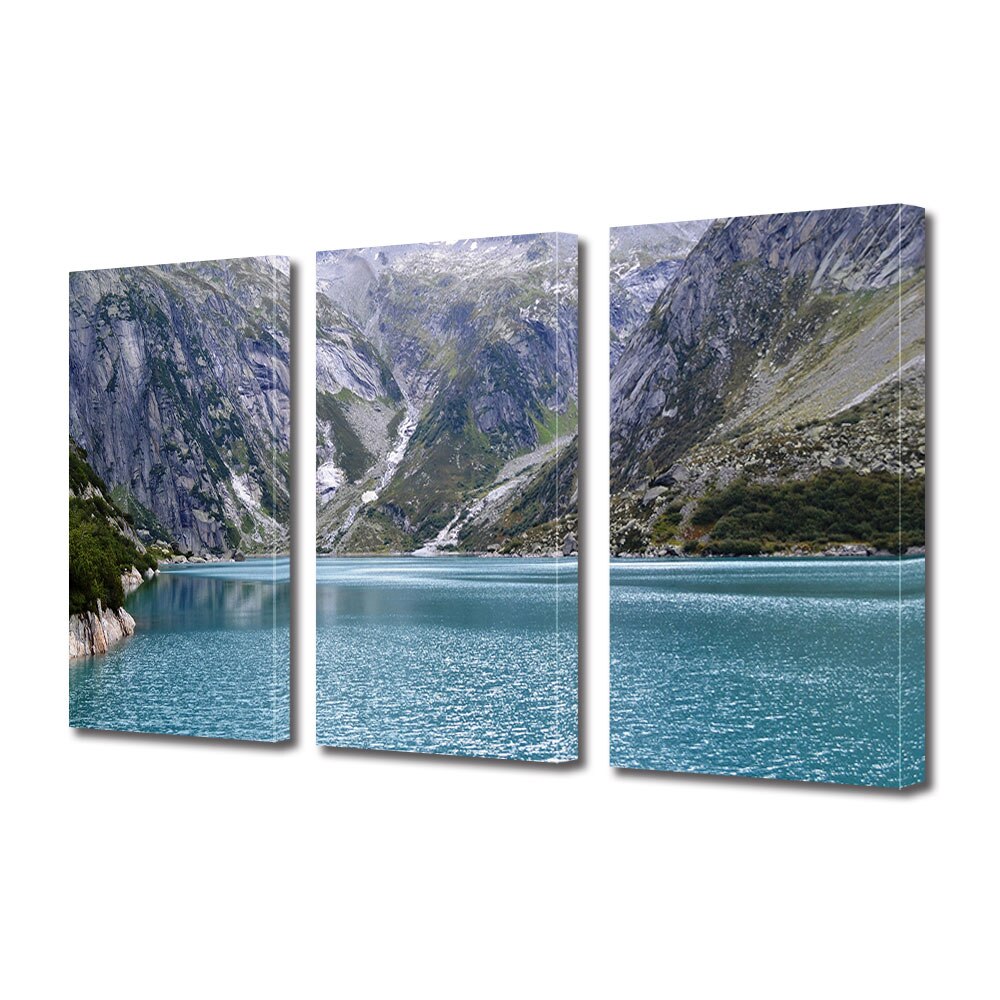 Set Tablouri Multicanvas 3 piese ArtDeco, Lac albastru ascuns printre munti, Panza pe cadru de lemn, Decoratiuni Moderne pentru Casa, 3 x 70 x 100 cm