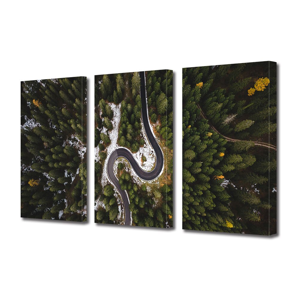 Set Tablouri Multicanvas 3 piese ArtDeco, Drum serpuit in padurea de brazi, Panza pe cadru de lemn, Decoratiuni Moderne pentru Casa, 3 x 30 x 45 cm