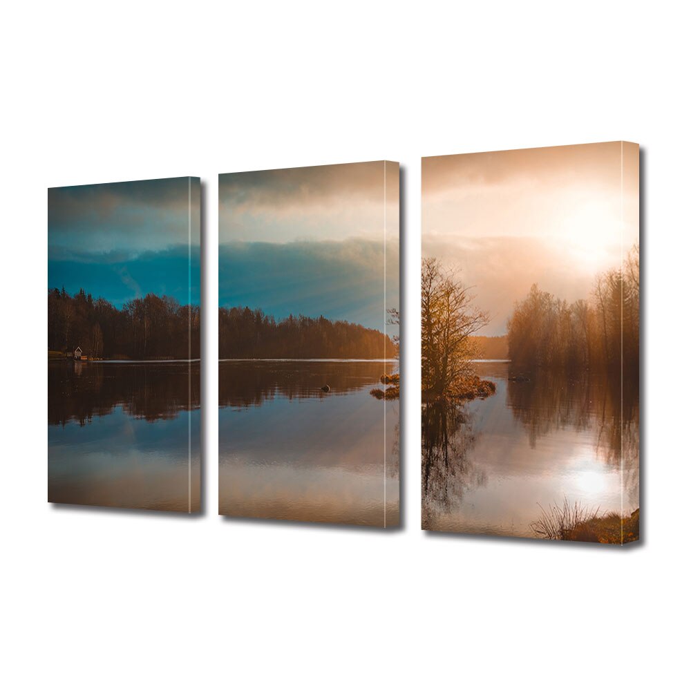 Set Tablouri Multicanvas 3 piese ArtDeco, Raze blande pe lac, Panza pe cadru de lemn, Decoratiuni Moderne pentru Casa, 3 x 50 x 70 cm