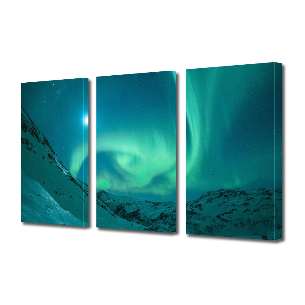 Set Tablouri Multicanvas 3 piese ArtDeco, Aurora boreala la munte, Panza pe cadru de lemn, Decoratiuni Moderne pentru Casa, 3 x 50 x 70 cm