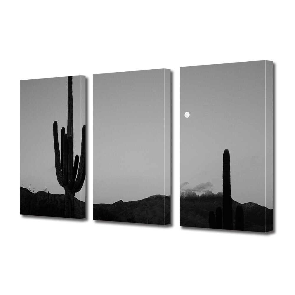 Set Tablouri Multicanvas 3 piese ArtDeco, Siluete de cactusi la lumina lunii, Panza pe cadru de lemn, Decoratiuni Moderne pentru Casa, 3 x 70 x 100 cm