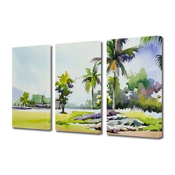 Set Tablouri Multicanvas 3 piese ArtDeco, Peisaj cu palmieri pictat, Panza pe cadru de lemn, Decoratiuni Moderne pentru Casa, 3 x 50 x 70 cm Set Tablouri Multicanvas 3 piese ArtDeco, Peisaj cu palmieri pictat, Panza pe cadru de lemn, Decoratiuni Moderne pentru Casa, 3 x 50 x 70 cm