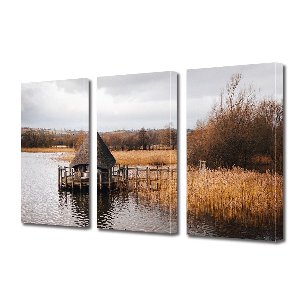 Set Tablouri Multicanvas 3 piese ArtDeco, Coliba pe apa, Panza pe cadru de lemn, Decoratiuni Moderne pentru Casa, 3 x 20 x 30 cm