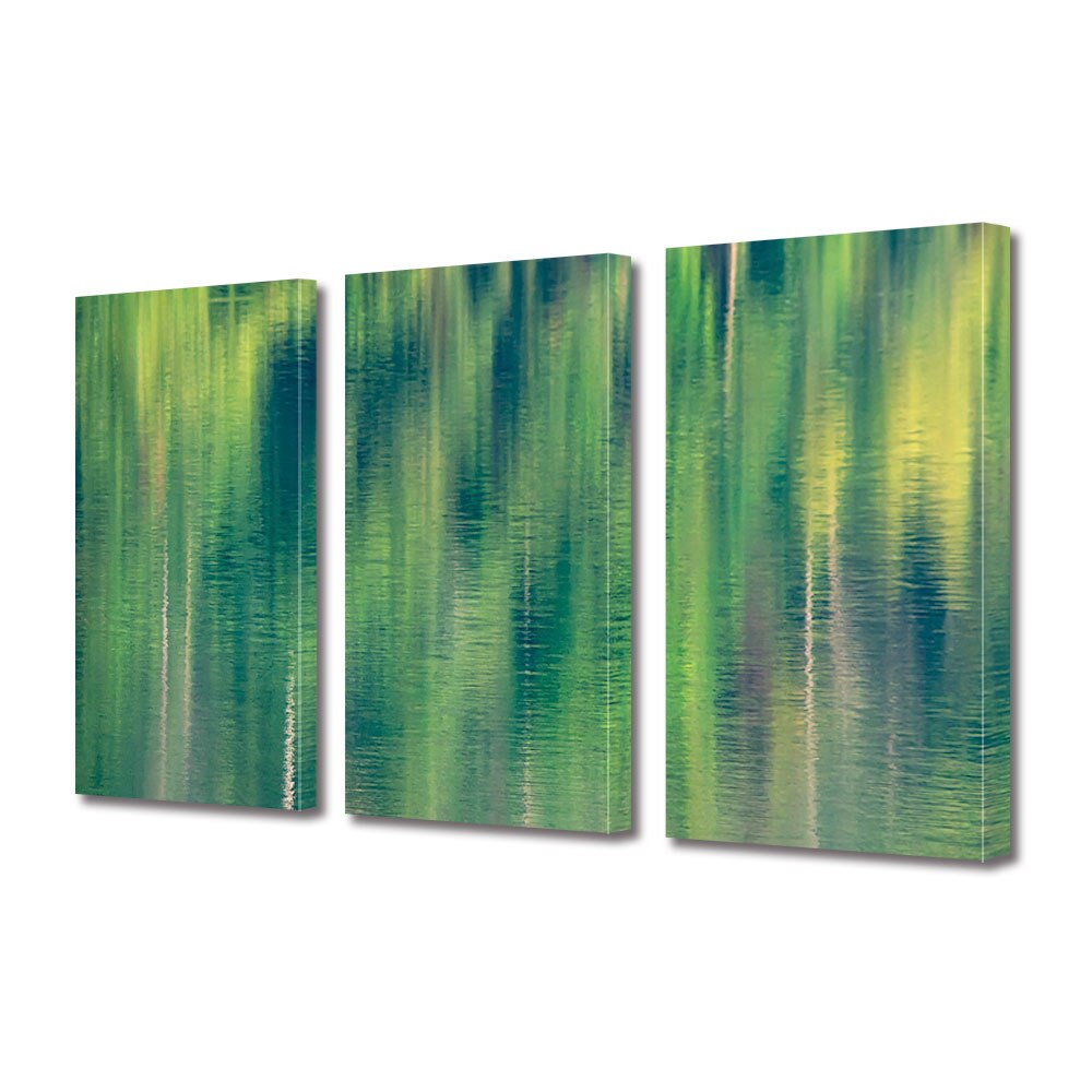 Set Tablouri Multicanvas 3 piese ArtDeco, Verde oglindit, Panza pe cadru de lemn, Decoratiuni Moderne pentru Casa, 3 x 20 x 30 cm