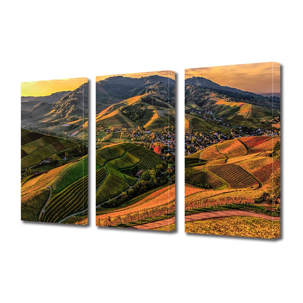 Set Tablouri Multicanvas 3 piese ArtDeco, Sat printre dealurile aramii, Panza pe cadru de lemn, Decoratiuni Moderne pentru Casa, 3 x 50 x 70 cm