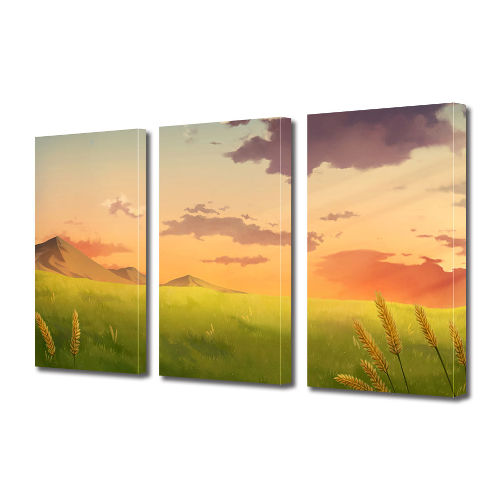 Set Tablouri Multicanvas 3 piese ArtDeco, Cer la apus ilustrat, Panza pe cadru de lemn, Decoratiuni Moderne pentru Casa, 3 x 70 x 100 cm