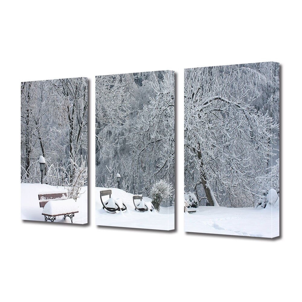 Set Tablouri Multicanvas 3 piese ArtDeco, Banci acoperite cu nea, Panza pe cadru de lemn, Decoratiuni Moderne pentru Casa, 3 x 70 x 100 cm