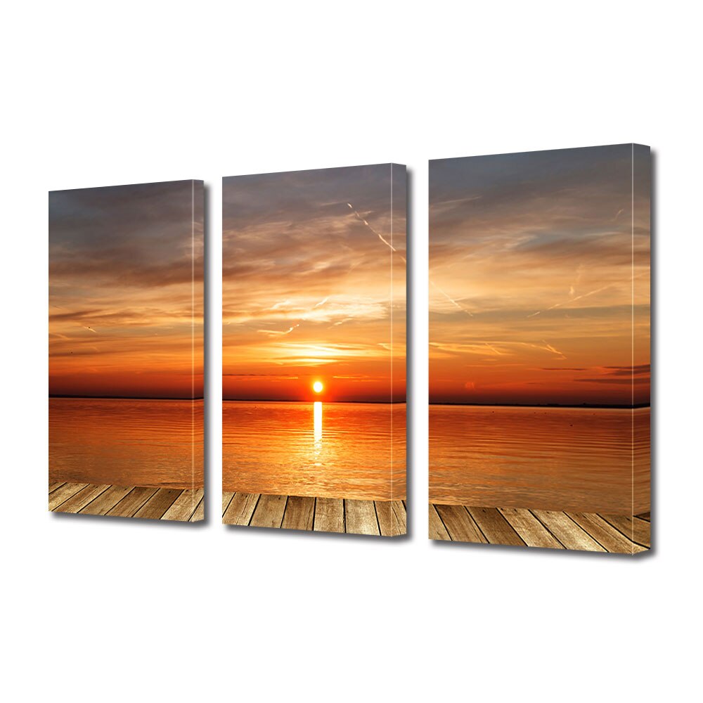 Set Tablouri Multicanvas 3 piese ArtDeco, Apus rosu peste ponton, Panza pe cadru de lemn, Decoratiuni Moderne pentru Casa, 3 x 70 x 100 cm