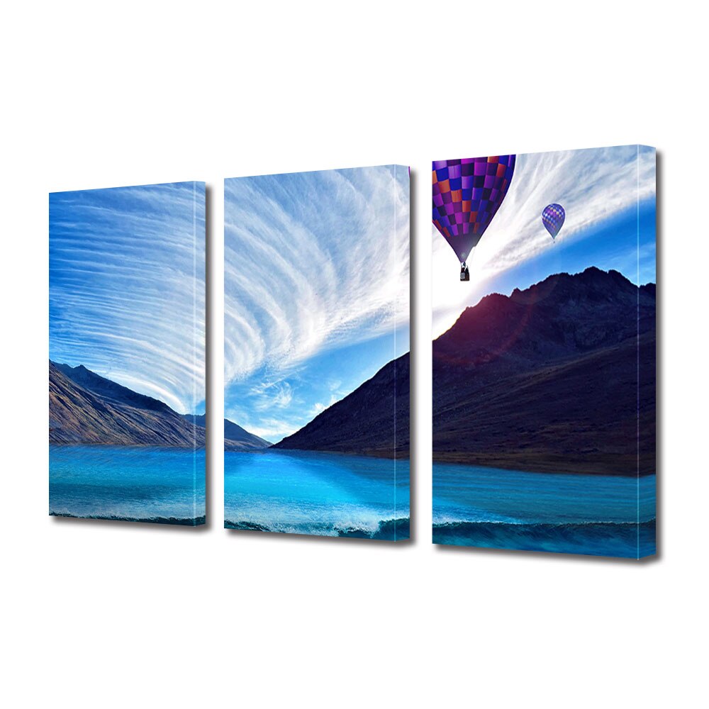 Set Tablouri Multicanvas 3 piese ArtDeco, Balon cu aer cald peste mari si munti, Panza pe cadru de lemn, Decoratiuni Moderne pentru Casa, 3 x 70 x 100 cm