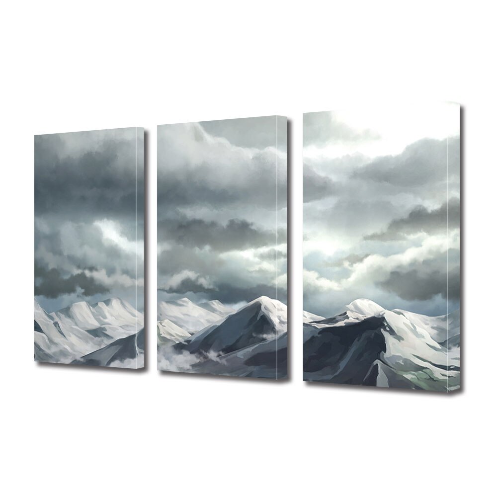 Set Tablouri Multicanvas 3 piese ArtDeco, Munti pictati printre nori, Panza pe cadru de lemn, Decoratiuni Moderne pentru Casa, 3 x 20 x 30 cm