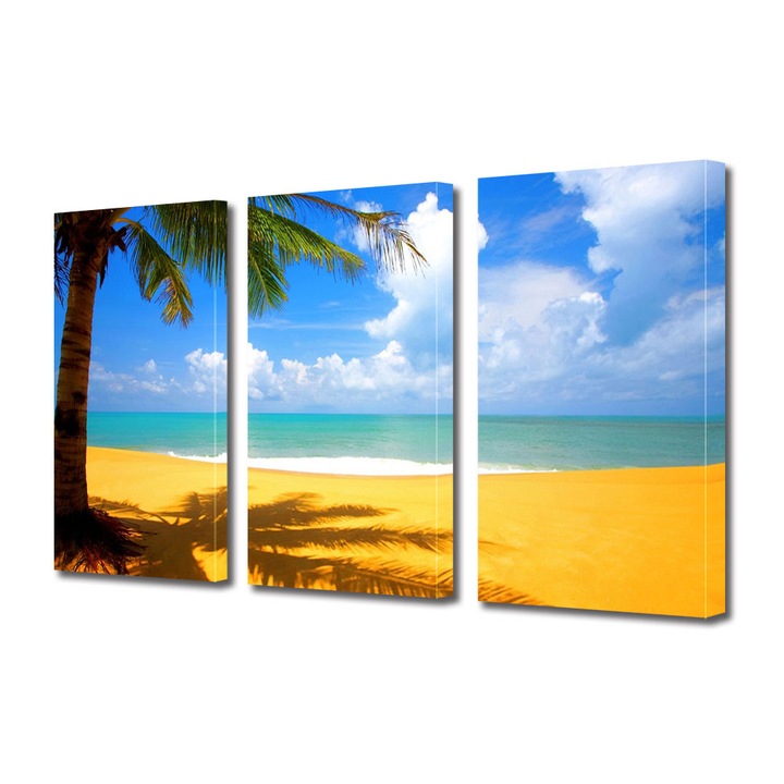 Set Tablouri Multicanvas 3 piese ArtDeco, Palmier pe plaja insorita, Panza pe cadru de lemn, Decoratiuni Moderne pentru Casa, 3 x 40 x 60 cm