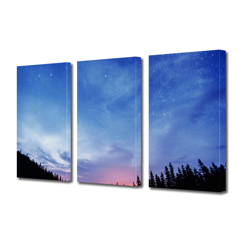 Set Tablouri Multicanvas 3 piese ArtDeco, Cer albastru presarat cu stele, Panza pe cadru de lemn, Decoratiuni Moderne pentru Casa, 3 x 20 x 30 cm