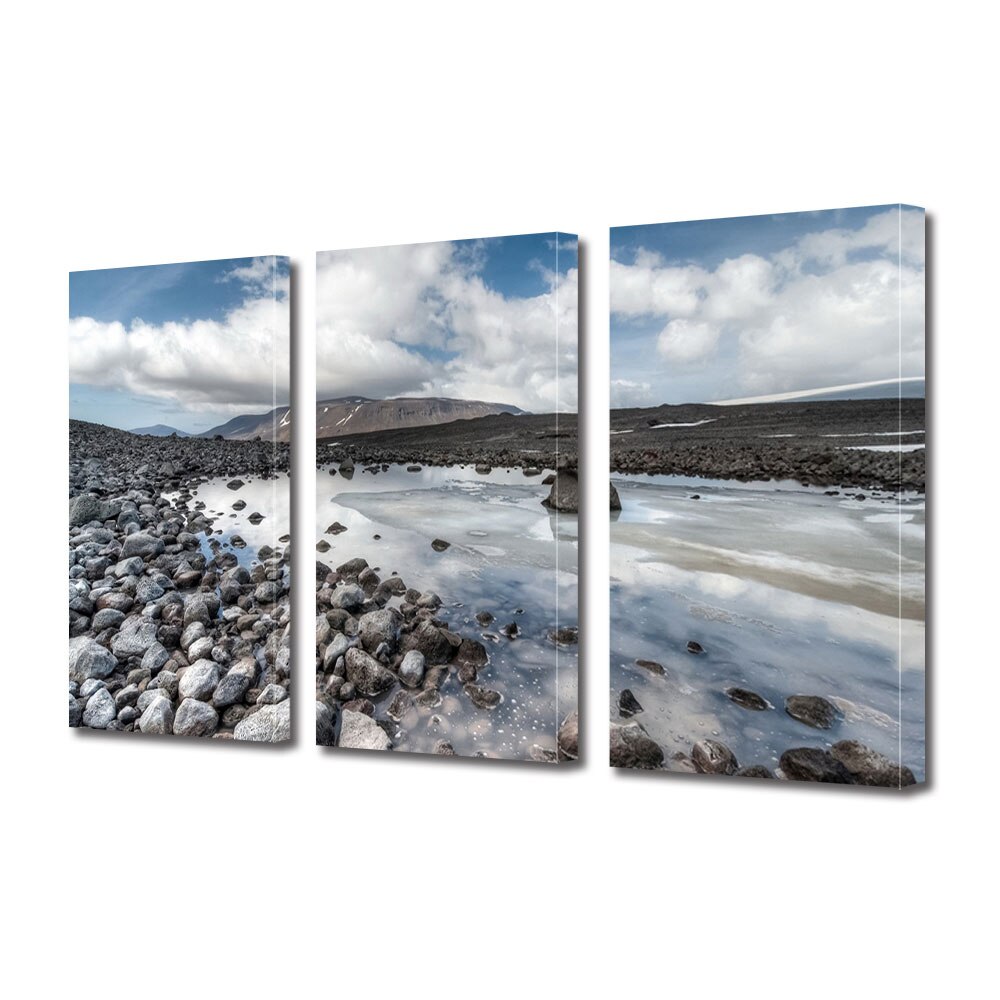 Set Tablouri Multicanvas 3 piese ArtDeco, Pietre langa lacul inghetat, Panza pe cadru de lemn, Decoratiuni Moderne pentru Casa, 3 x 20 x 30 cm