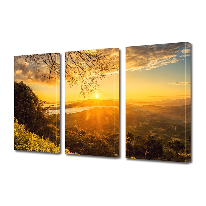 Set Tablouri Multicanvas 3 piese ArtDeco, Stralucire galbena, Panza pe cadru de lemn, Decoratiuni Moderne pentru Casa, 3 x 40 x 60 cm