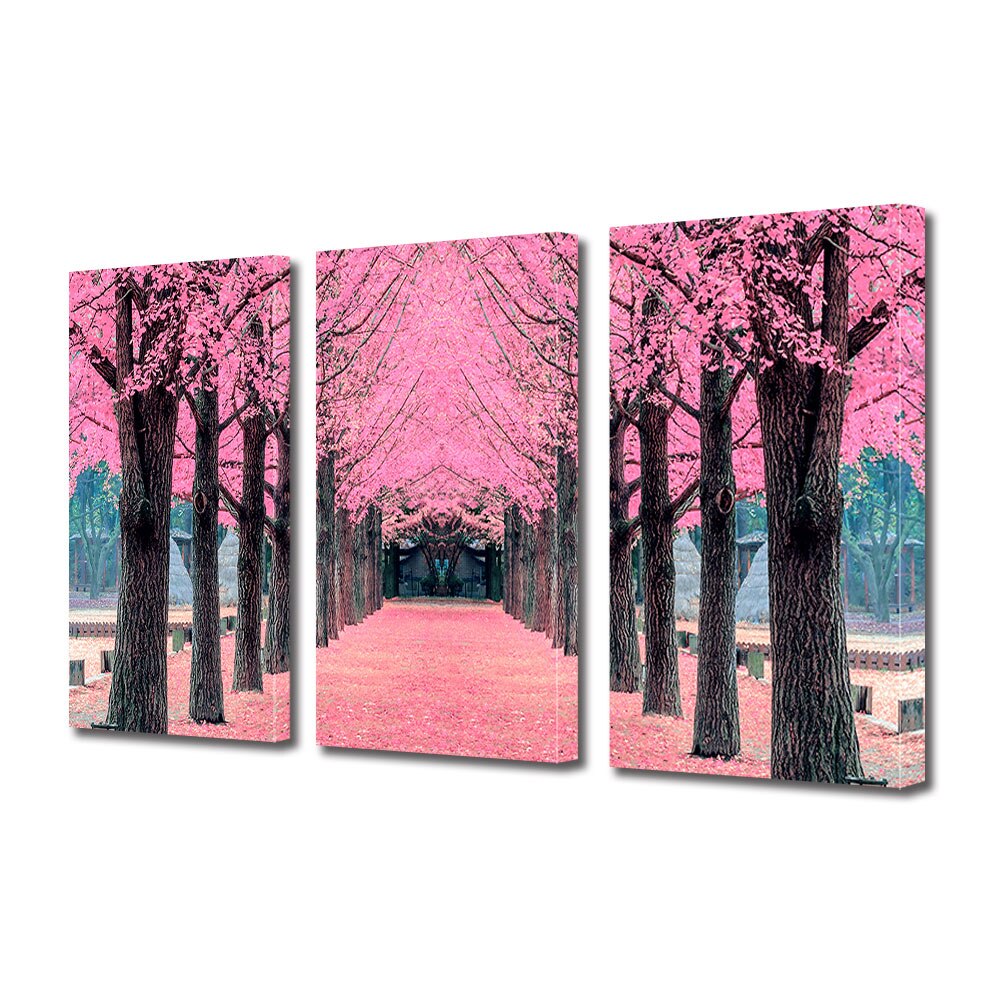 Set Tablouri Multicanvas 3 piese ArtDeco, Simetrie in roz, Panza pe cadru de lemn, Decoratiuni Moderne pentru Casa, 3 x 30 x 45 cm