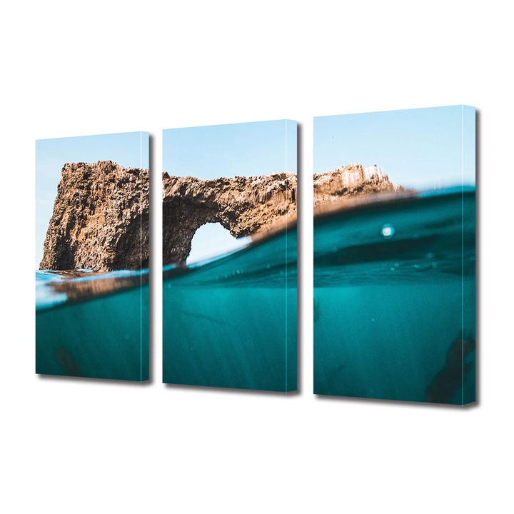 Set Tablouri Multicanvas 3 piese ArtDeco, Baie in marea albastra, Panza pe cadru de lemn, Decoratiuni Moderne pentru Casa, 3 x 20 x 30 cm