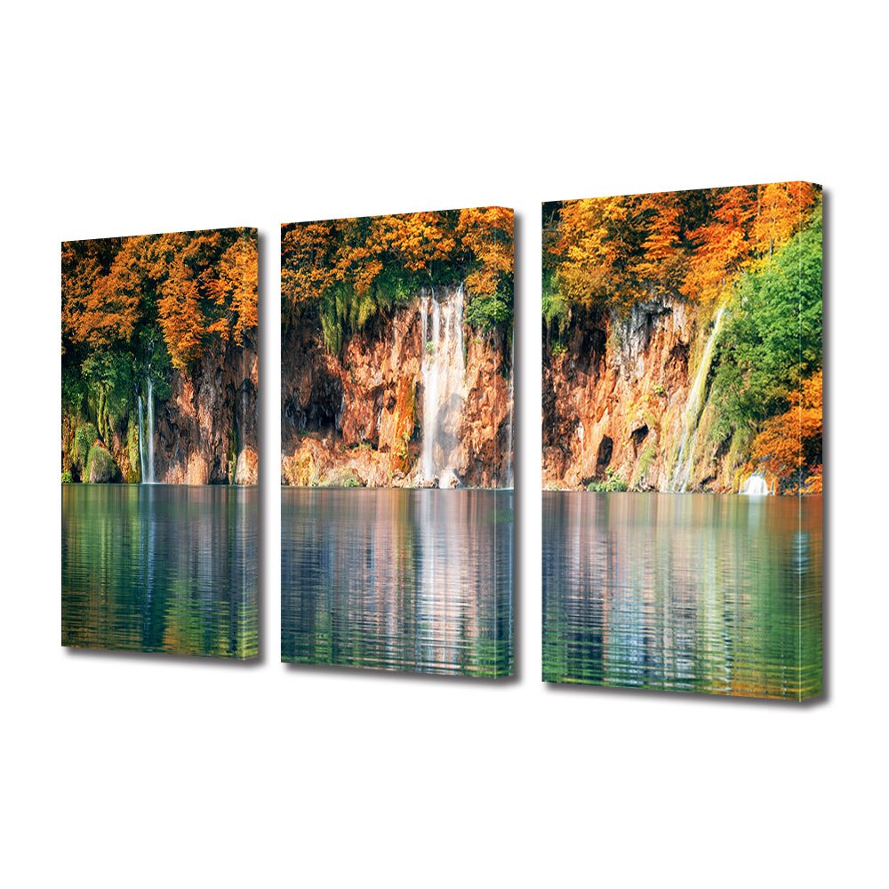 Set Tablouri Multicanvas 3 piese ArtDeco, Cascade de toamna, Panza pe cadru de lemn, Decoratiuni Moderne pentru Casa, 3 x 50 x 70 cm