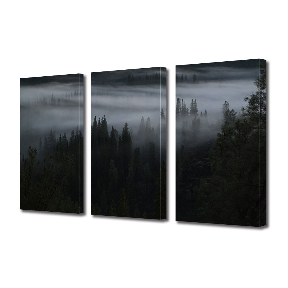 Set Tablouri Multicanvas 3 piese ArtDeco, Ceata in padurea intunecata, Panza pe cadru de lemn, Decoratiuni Moderne pentru Casa, 3 x 70 x 100 cm