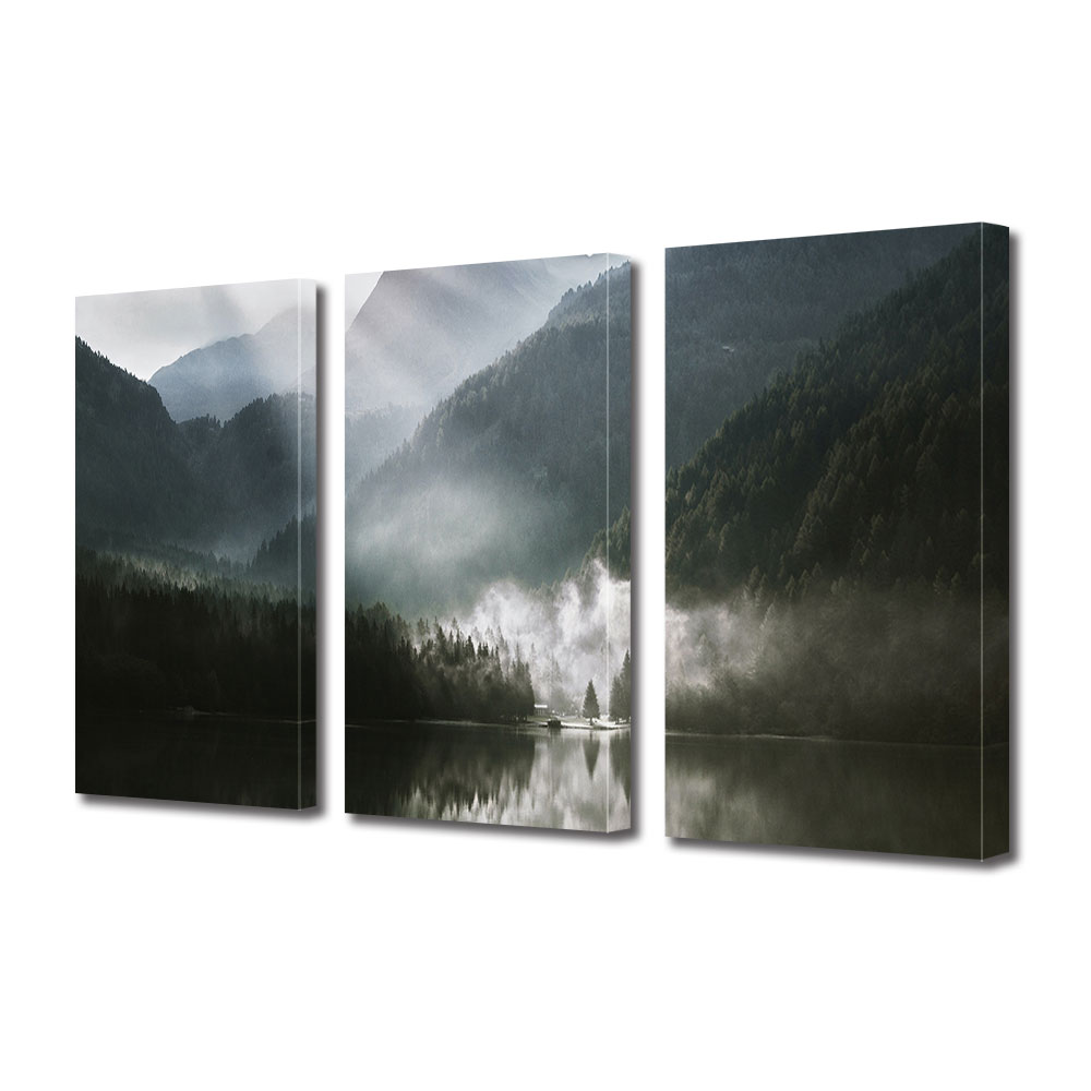 Set Tablouri Multicanvas 3 piese ArtDeco, Razele soarelui patrund in ceata, Panza pe cadru de lemn, Decoratiuni Moderne pentru Casa, 3 x 70 x 100 cm