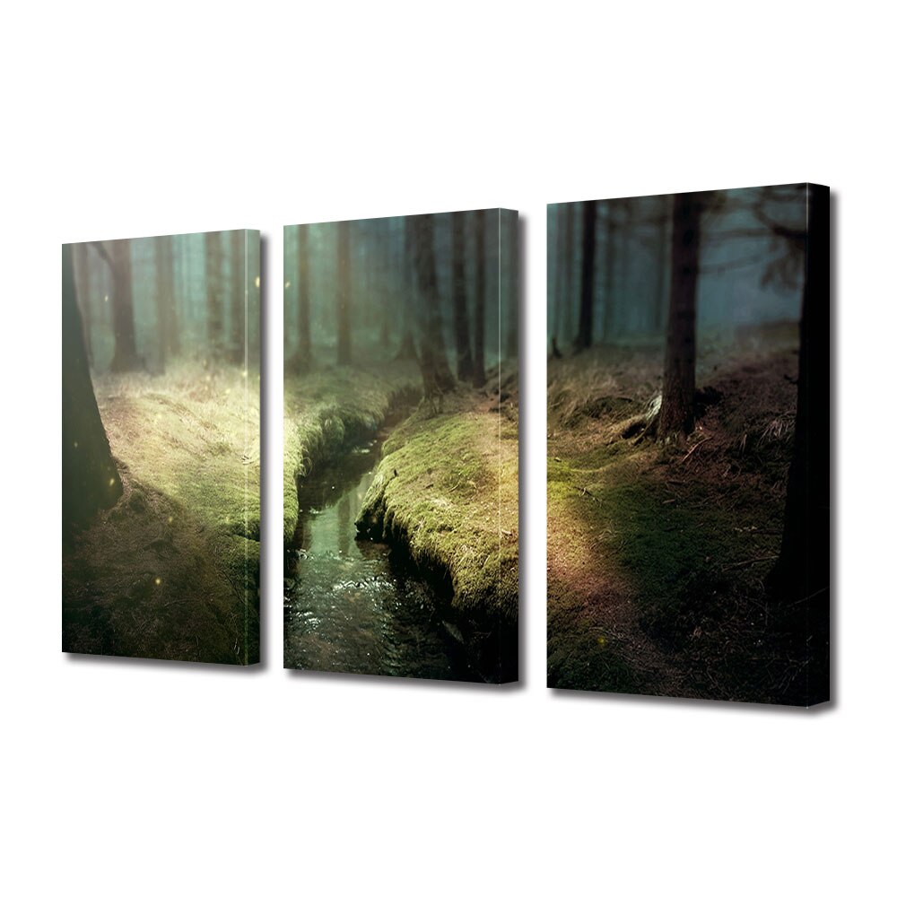 Set Tablouri Multicanvas 3 piese ArtDeco, Atmosfera mistica in padure, Panza pe cadru de lemn, Decoratiuni Moderne pentru Casa, 3 x 70 x 100 cm