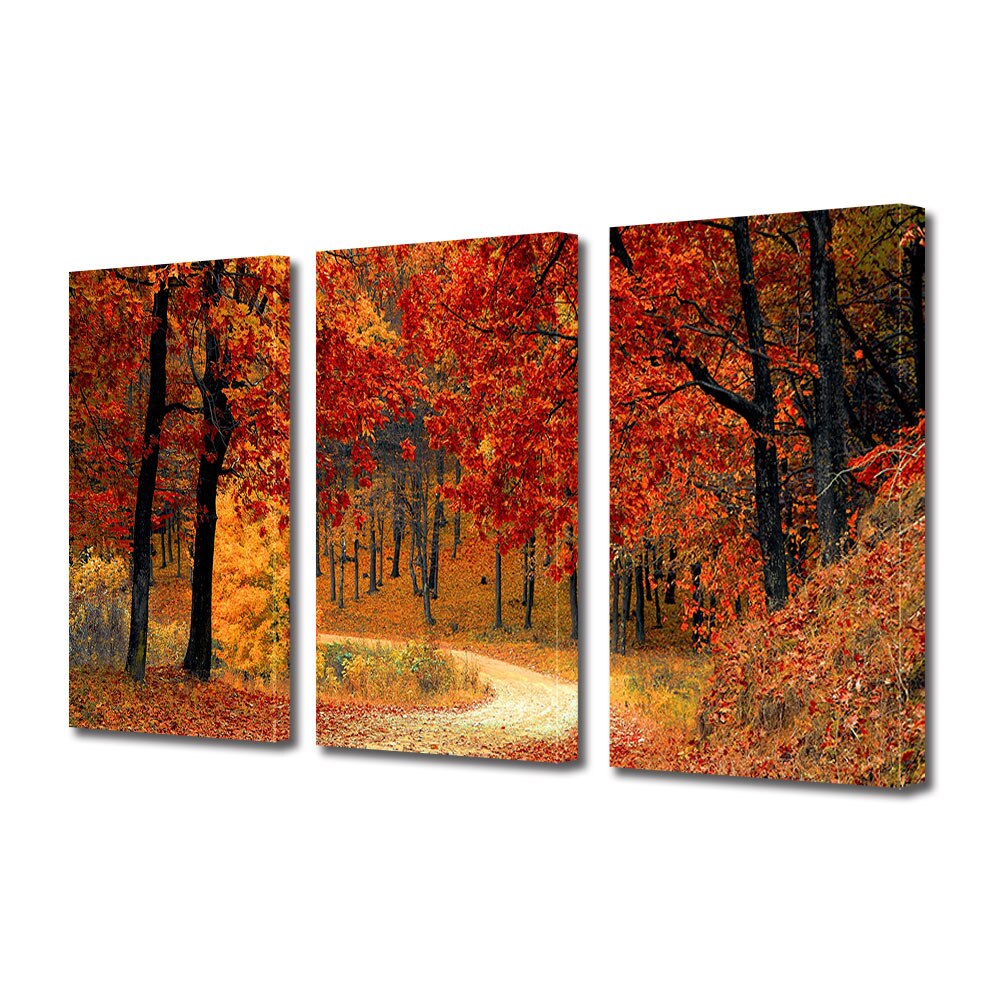 Set Tablouri Multicanvas 3 piese ArtDeco, Toamna rosie, Panza pe cadru de lemn, Decoratiuni Moderne pentru Casa, 3 x 70 x 100 cm