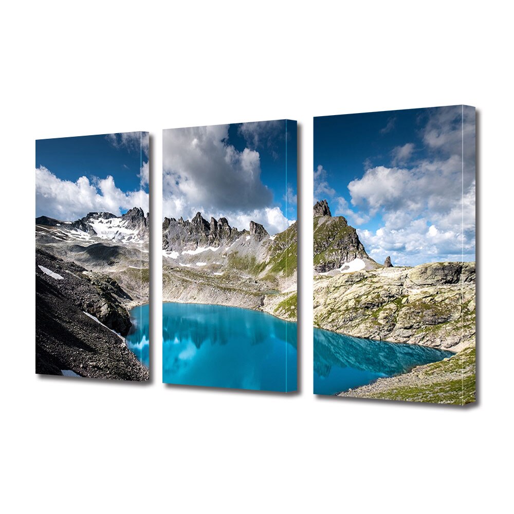 Set Tablouri Multicanvas 3 piese ArtDeco, Lac albastru la munte, Panza pe cadru de lemn, Decoratiuni Moderne pentru Casa, 3 x 70 x 100 cm