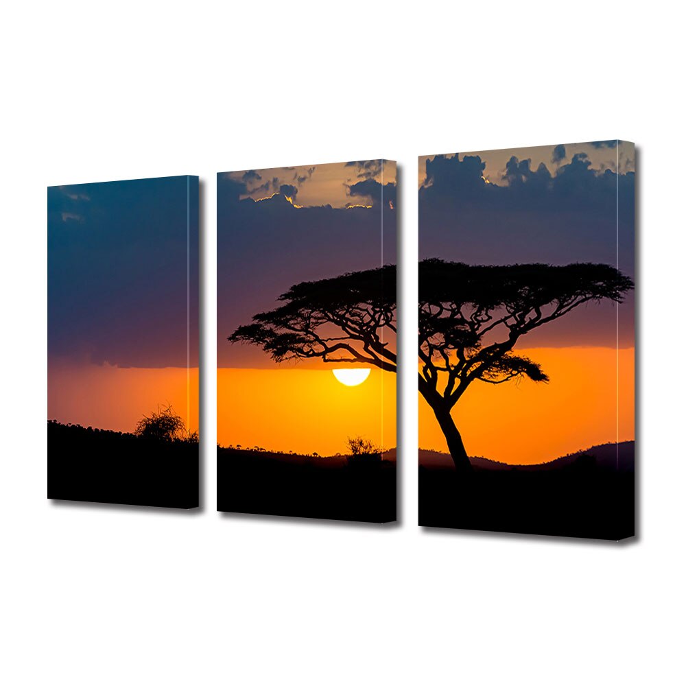 Set Tablouri Multicanvas 3 piese ArtDeco, Silueta de copac in savana, Panza pe cadru de lemn, Decoratiuni Moderne pentru Casa, 3 x 30 x 45 cm