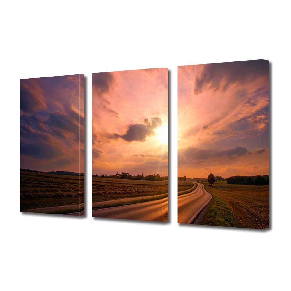 Set Tablouri Multicanvas 3 piese ArtDeco, Apus pe drum, Panza pe cadru de lemn, Decoratiuni Moderne pentru Casa, 3 x 70 x 100 cm