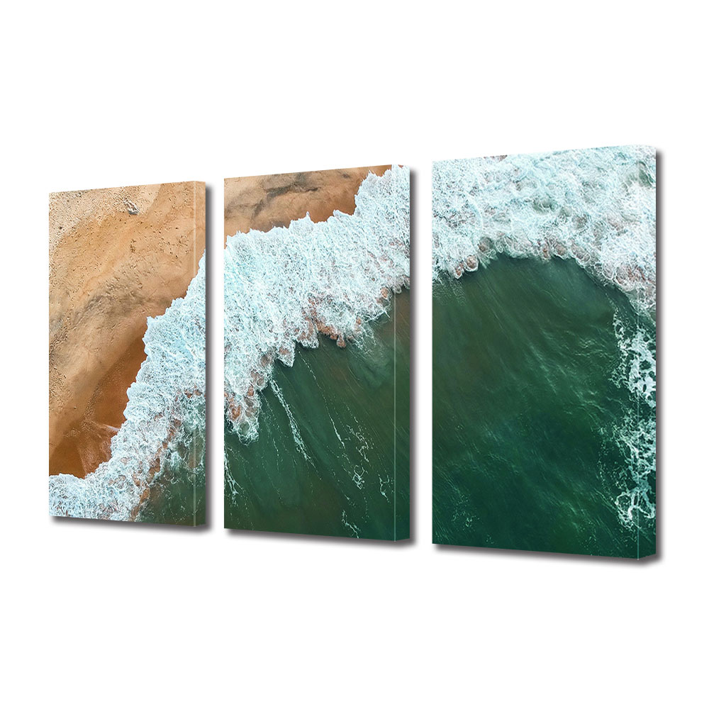 Set Tablouri Multicanvas 3 piese ArtDeco, Valurile lovesc malul, Panza pe cadru de lemn, Decoratiuni Moderne pentru Casa, 3 x 20 x 30 cm