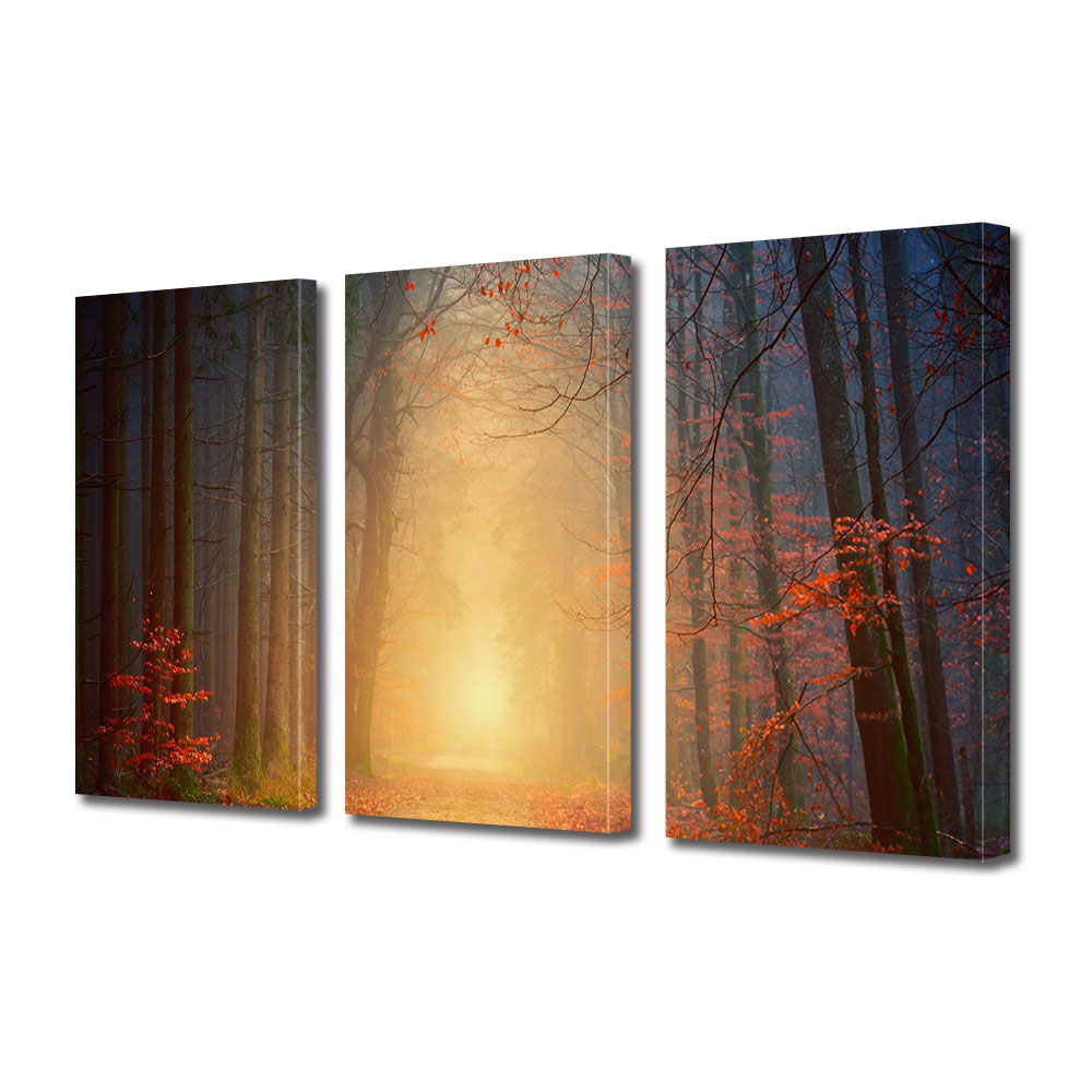Set Tablouri Multicanvas 3 piese ArtDeco, Lumina de la capatul tunelului de copaci, Panza pe cadru de lemn, Decoratiuni Moderne pentru Casa, 3 x 20 x 30 cm