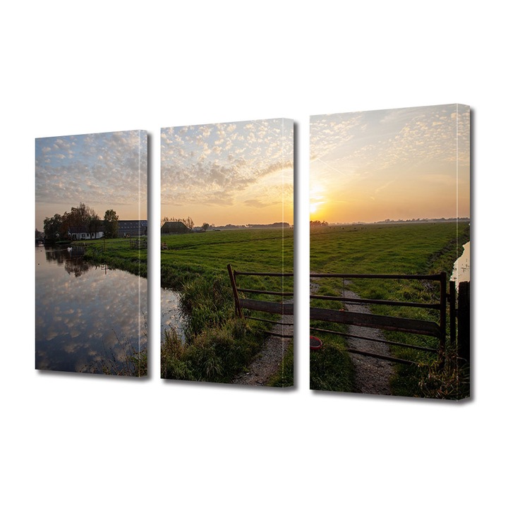 Set Tablouri Multicanvas 3 piese ArtDeco, Ferma la apus, Panza pe cadru de lemn, Decoratiuni Moderne pentru Casa, 3 x 20 x 30 cm