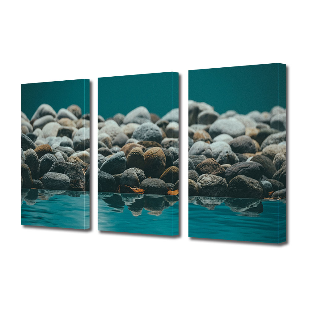 Set Tablouri Multicanvas 3 piese ArtDeco, Apa reflectand pietrele, Panza pe cadru de lemn, Decoratiuni Moderne pentru Casa, 3 x 70 x 100 cm