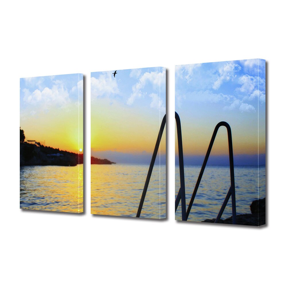 Set Tablouri Multicanvas 3 piese ArtDeco, Soare rasarind reflectat in apa marii, Panza pe cadru de lemn, Decoratiuni Moderne pentru Casa, 3 x 20 x 30 cm