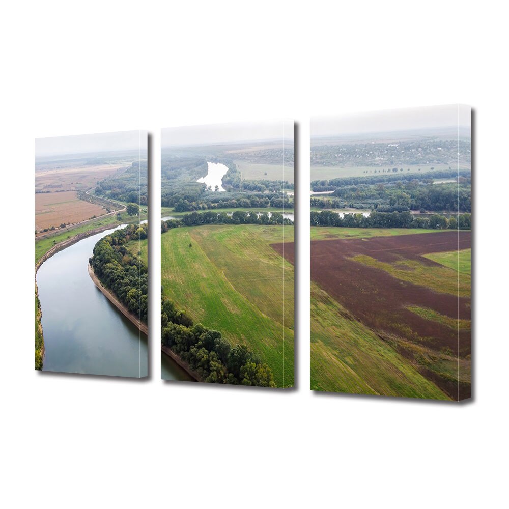 Set Tablouri Multicanvas 3 piese ArtDeco, Camp traversat de apa, Panza pe cadru de lemn, Decoratiuni Moderne pentru Casa, 3 x 70 x 100 cm