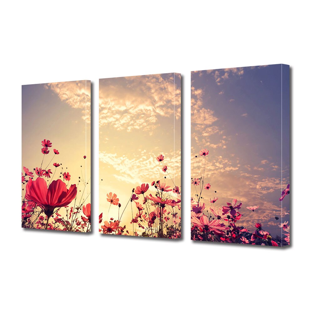 Set Tablouri Multicanvas 3 piese ArtDeco, Flori rosii sub cerul de foc, Panza pe cadru de lemn, Decoratiuni Moderne pentru Casa, 3 x 70 x 100 cm