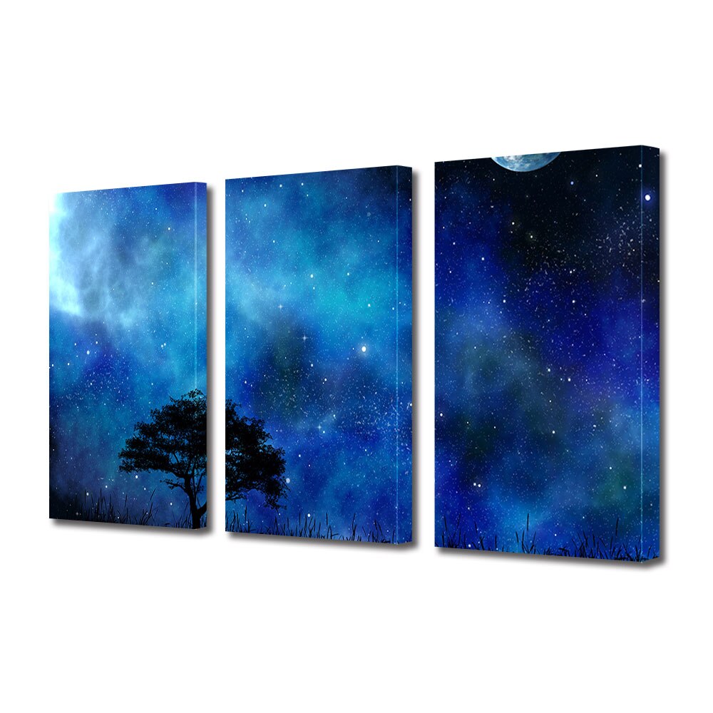 Set Tablouri Multicanvas 3 piese ArtDeco, Noapte albastra, Panza pe cadru de lemn, Decoratiuni Moderne pentru Casa, 3 x 70 x 100 cm