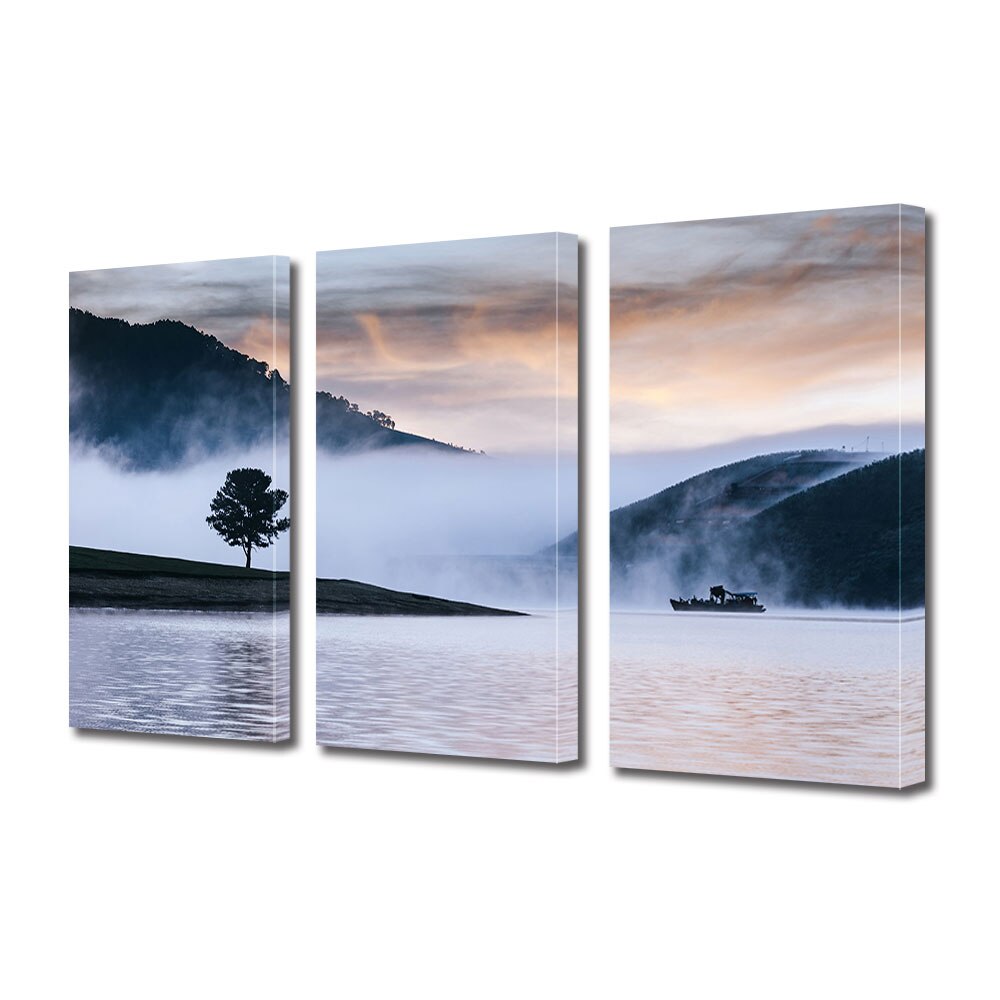Set Tablouri Multicanvas 3 piese ArtDeco, Ceata pe apa si siluete, Panza pe cadru de lemn, Decoratiuni Moderne pentru Casa, 3 x 70 x 100 cm