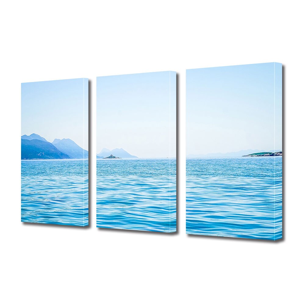 Set Tablouri Multicanvas 3 piese ArtDeco, Peisaj la mare in culori reci, Panza pe cadru de lemn, Decoratiuni Moderne pentru Casa, 3 x 70 x 100 cm
