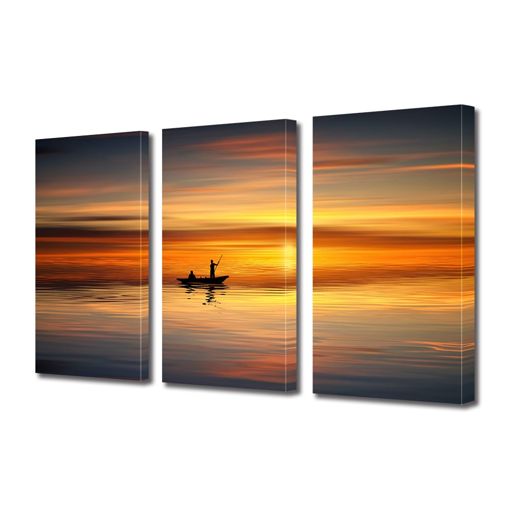 Set Tablouri Multicanvas 3 piese ArtDeco, Cu barca pe apa la apus, Panza pe cadru de lemn, Decoratiuni Moderne pentru Casa, 3 x 20 x 30 cm