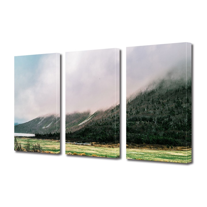 Set Tablouri Multicanvas 3 piese ArtDeco, Munte acoperit de ceata, Panza pe cadru de lemn, Decoratiuni Moderne pentru Casa, 3 x 40 x 60 cm