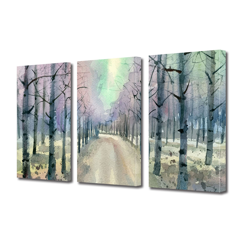 Set Tablouri Multicanvas 3 piese ArtDeco, Drum printre copaci, Panza pe cadru de lemn, Decoratiuni Moderne pentru Casa, 3 x 20 x 30 cm