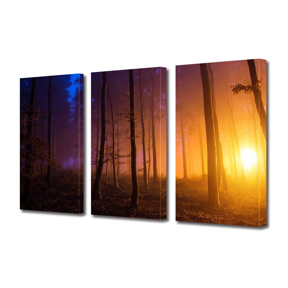 Set Tablouri Multicanvas 3 piese ArtDeco, Soare ascuns dupa copacii misteriosi, Panza pe cadru de lemn, Decoratiuni Moderne pentru Casa, 3 x 70 x 100 cm