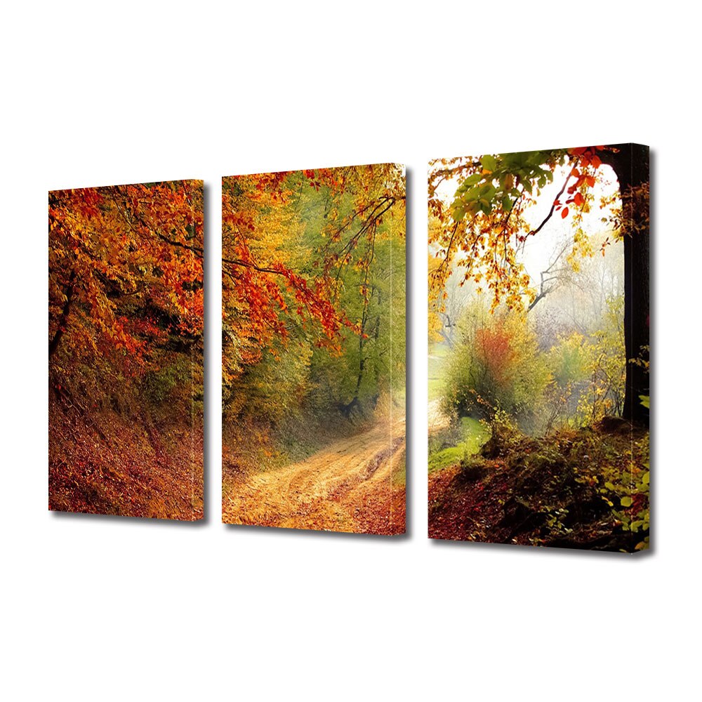 Set Tablouri Multicanvas 3 piese ArtDeco, Drum forestier toamna, Panza pe cadru de lemn, Decoratiuni Moderne pentru Casa, 3 x 70 x 100 cm