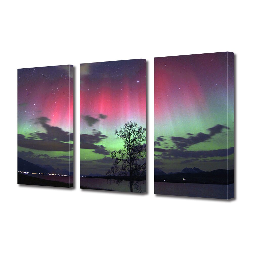 Set Tablouri Multicanvas 3 piese ArtDeco, Copac sub luminile multicolore, Panza pe cadru de lemn, Decoratiuni Moderne pentru Casa, 3 x 40 x 60 cm