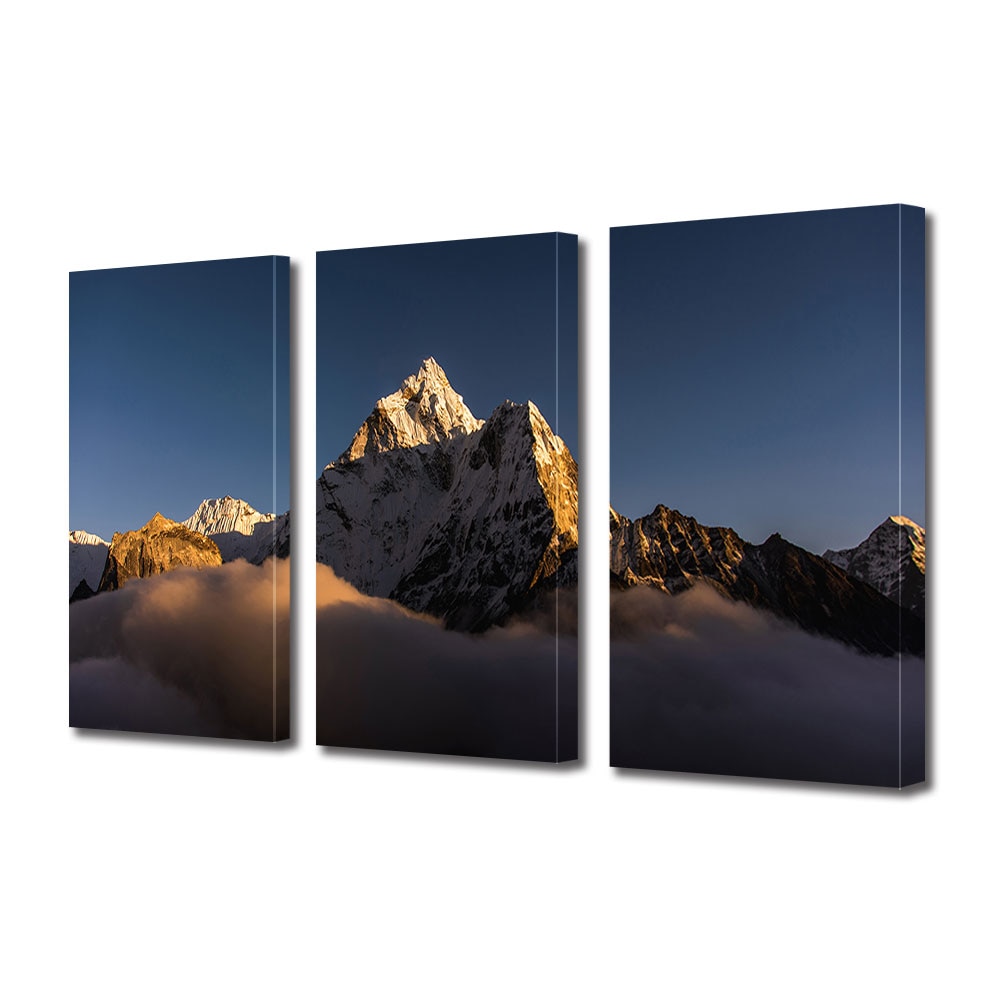 Set Tablouri Multicanvas 3 piese ArtDeco, Varf de munte iluminat, Panza pe cadru de lemn, Decoratiuni Moderne pentru Casa, 3 x 70 x 100 cm