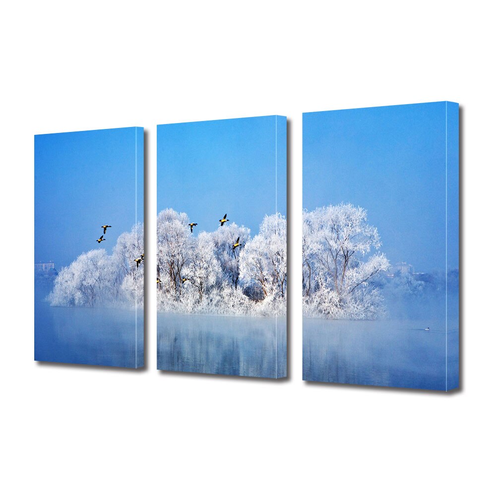 Set Tablouri Multicanvas 3 piese ArtDeco, Copaci inzapeziti si pasari zburand, Panza pe cadru de lemn, Decoratiuni Moderne pentru Casa, 3 x 70 x 100 cm