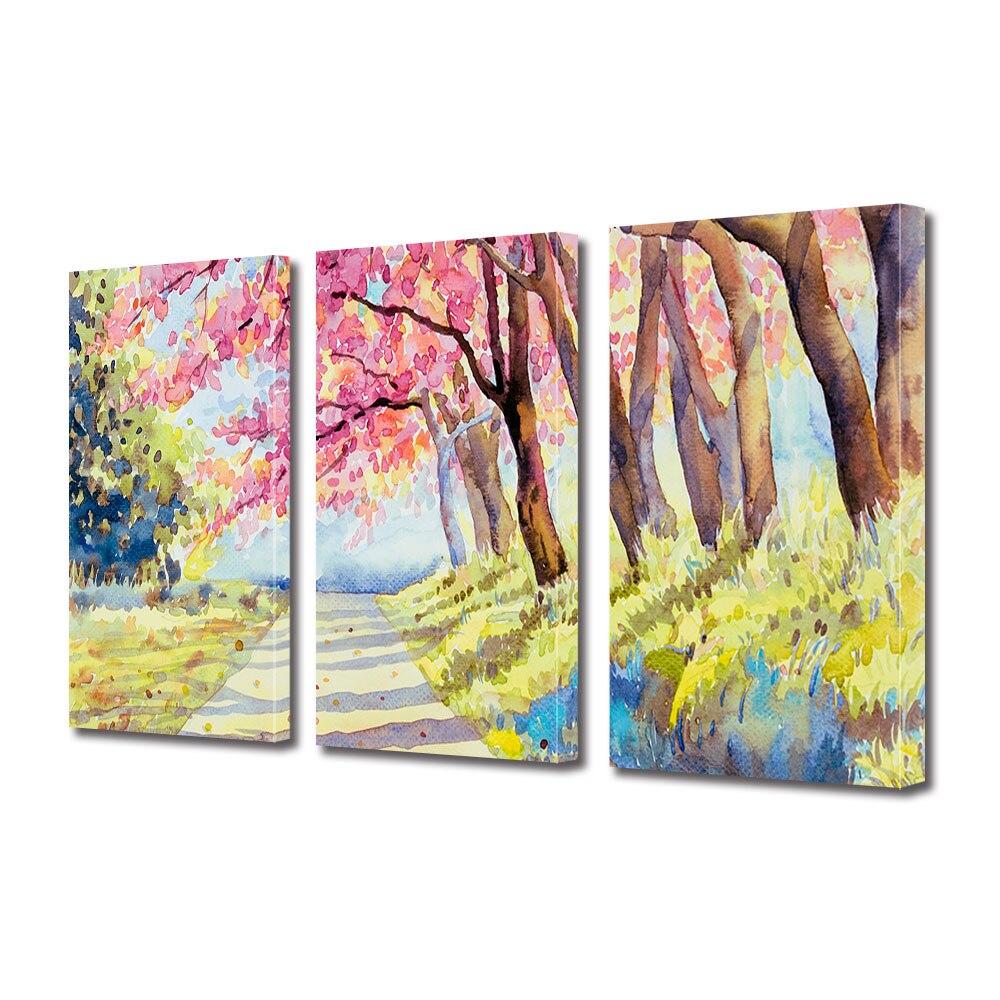 Set Tablouri Multicanvas 3 piese ArtDeco, Drum linistit de primavara, Panza pe cadru de lemn, Decoratiuni Moderne pentru Casa, 3 x 70 x 100 cm
